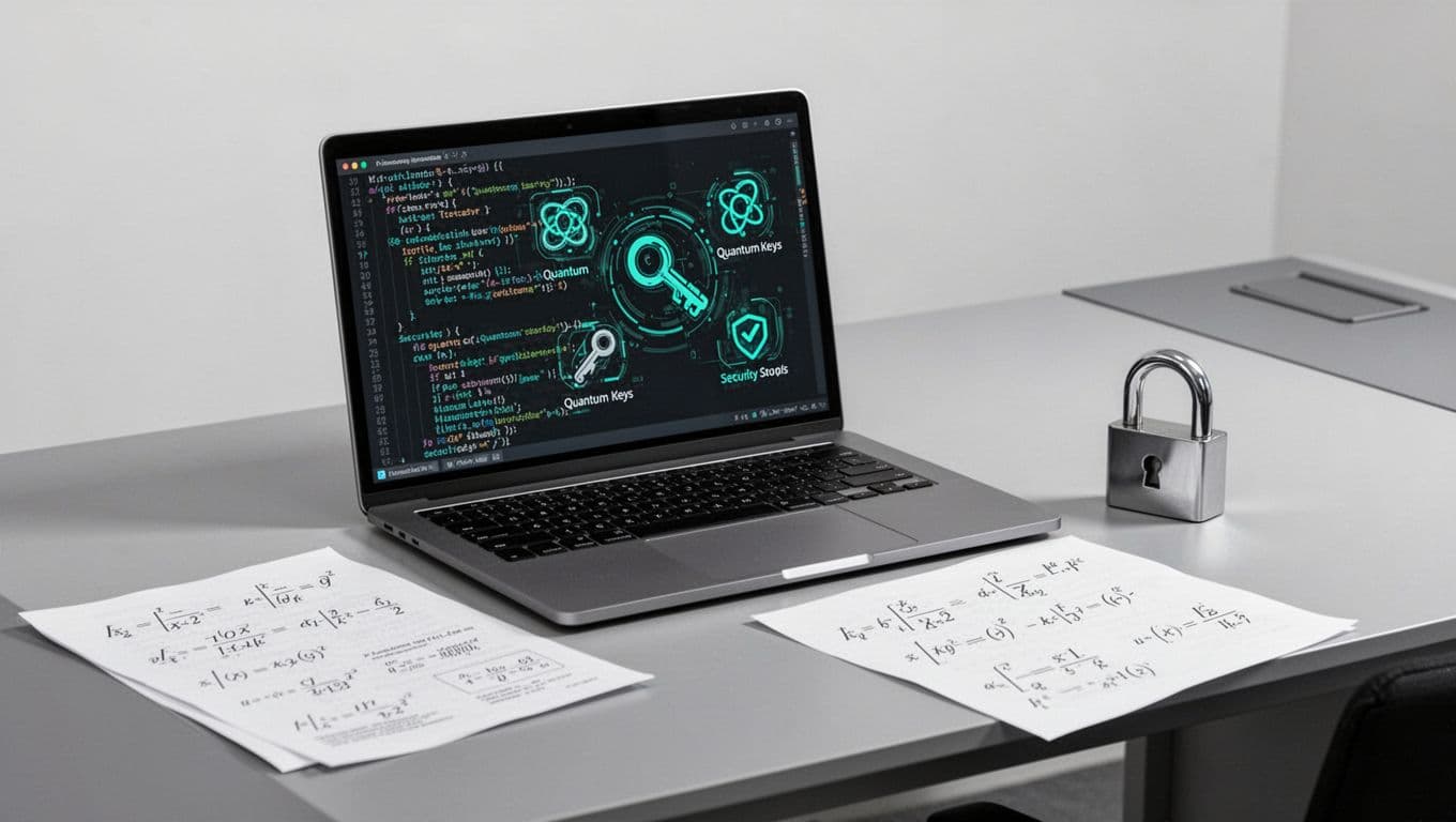 Open laptop displays PQC algorithms, quantum key icons, and NIST symbols; nearby papers with equations and secure lock on modern desk.