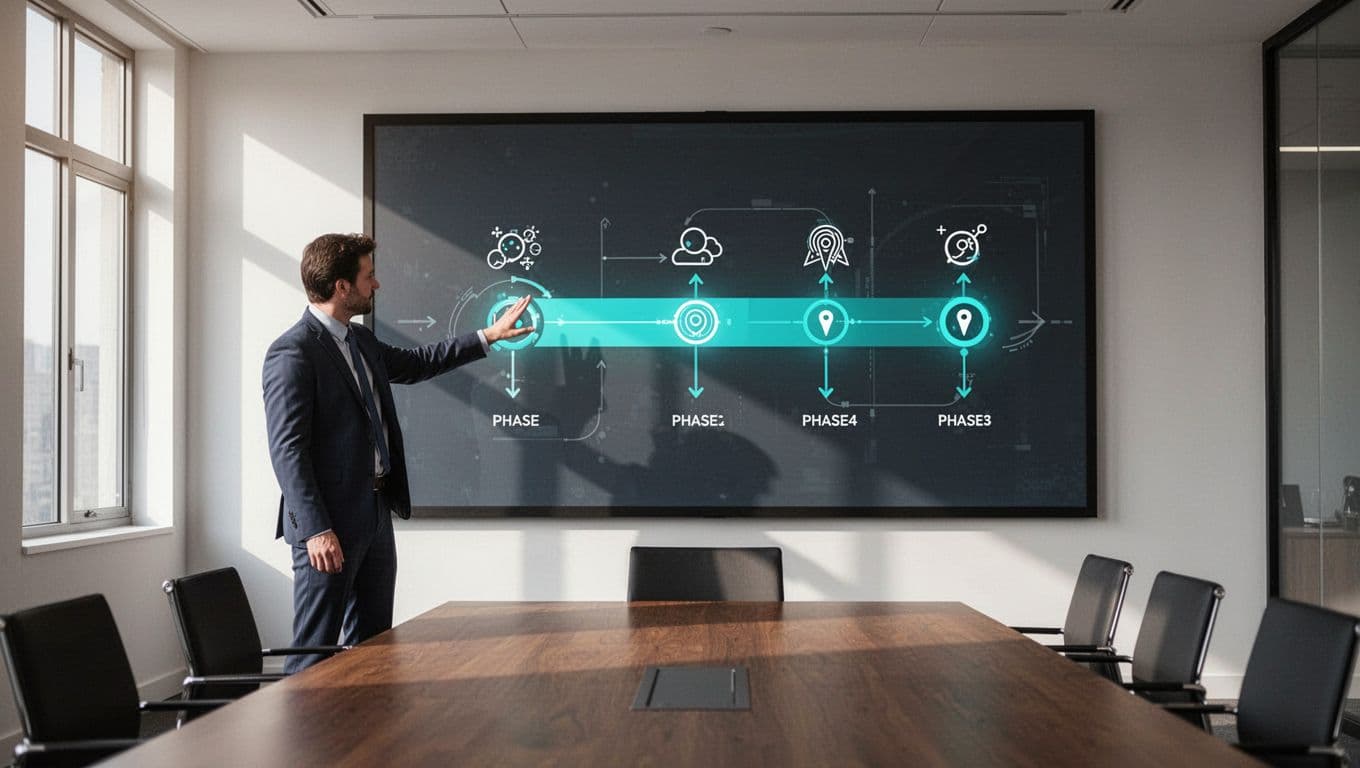 Security architect points at conference room screen displaying horizontal timeline with four phase icons for quantum-safe migration.