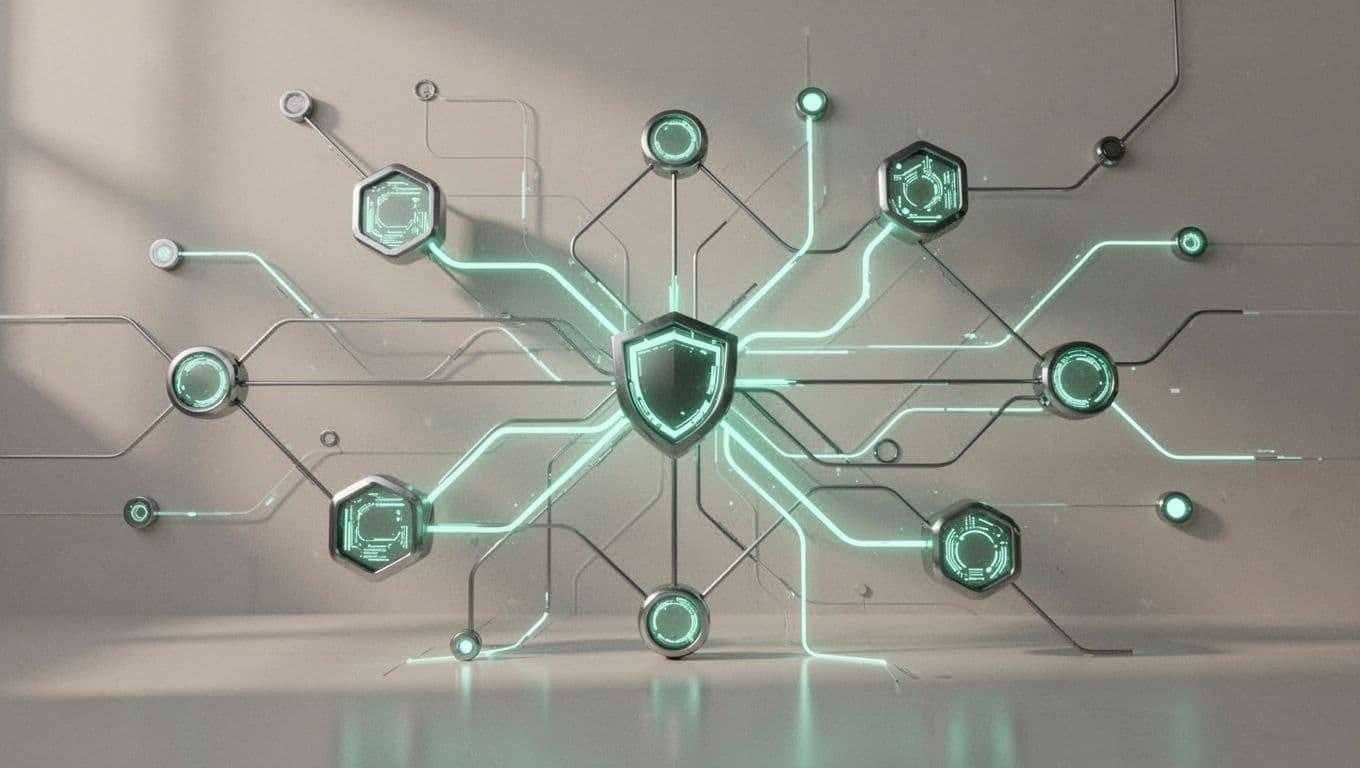 Minimalist network diagram with geometric data nodes, abstract connecting lines, and green secure path highlights on neutral background.