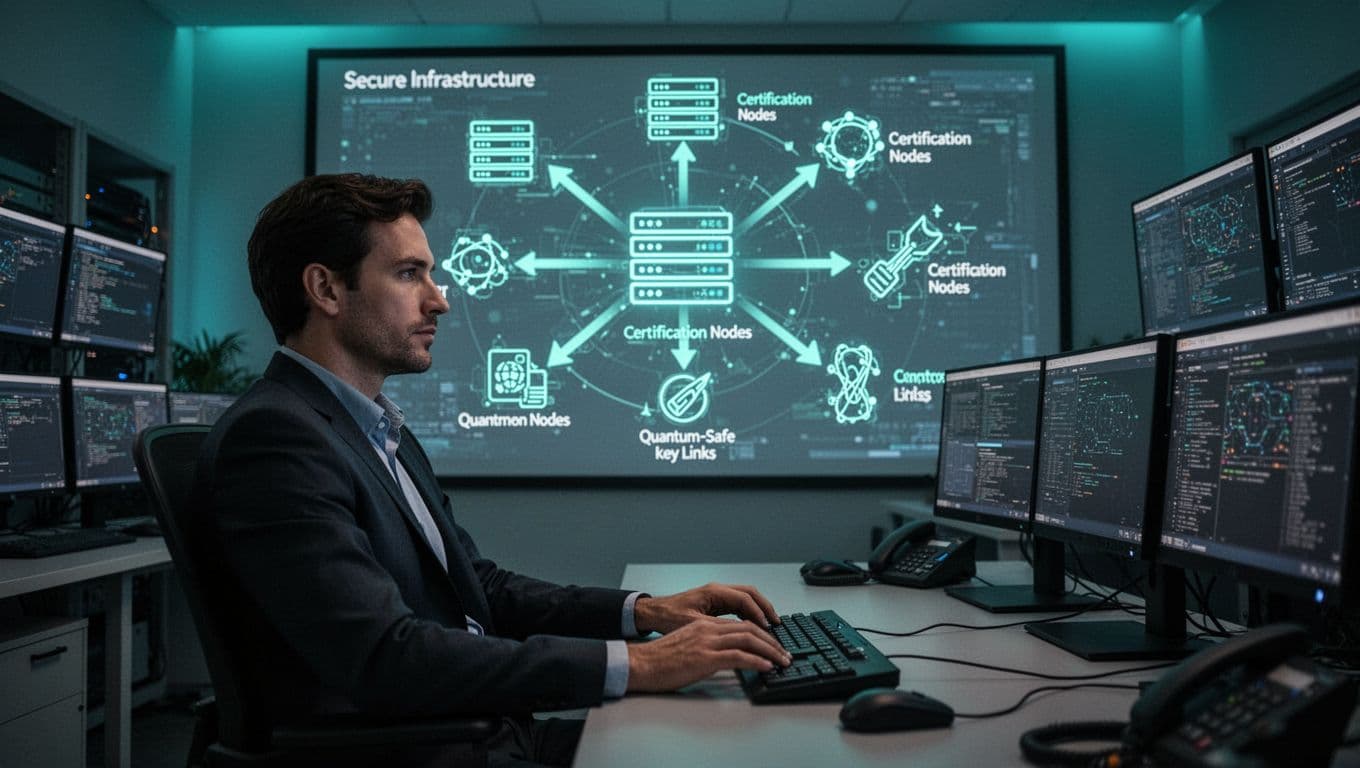 Dimly lit NOC room with operator at console viewing screen diagram of PKI infrastructure, quantum-safe updates, servers, CAs, and secure links with green accents.