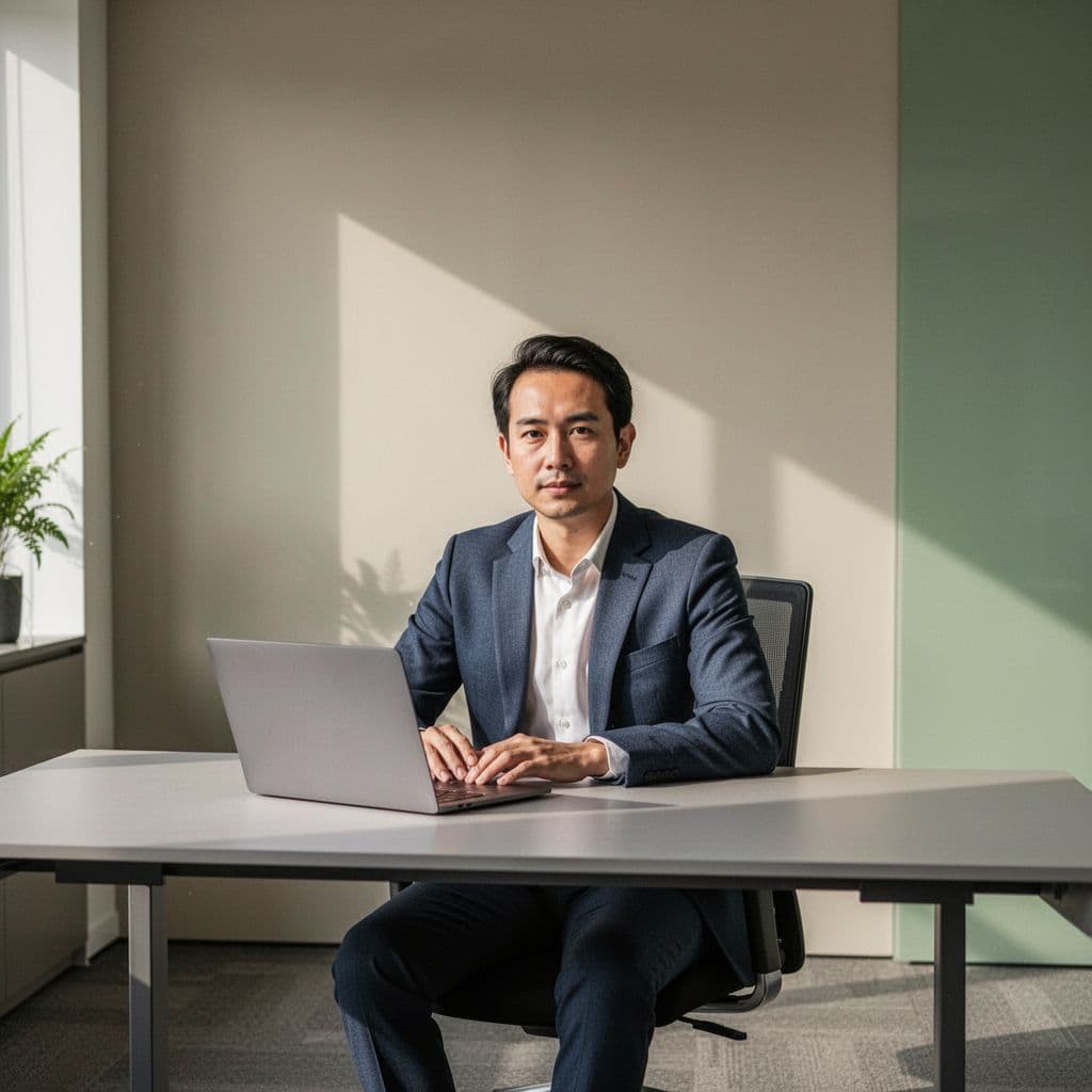 Professional works calmly at minimalist desk with laptop in modern office with subtle green accents.