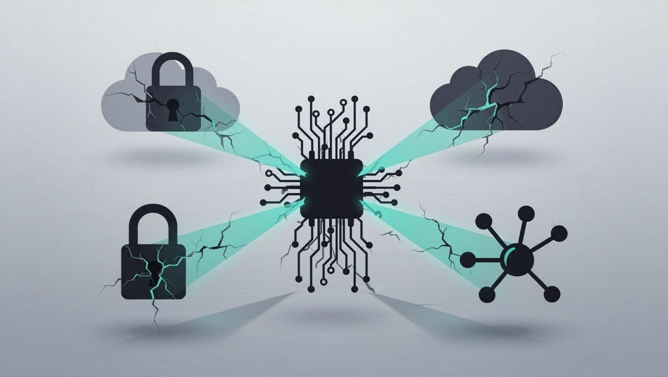 Enterprise network icons including PKI, VPN, and cloud threatened by quantum computer breaking locks.