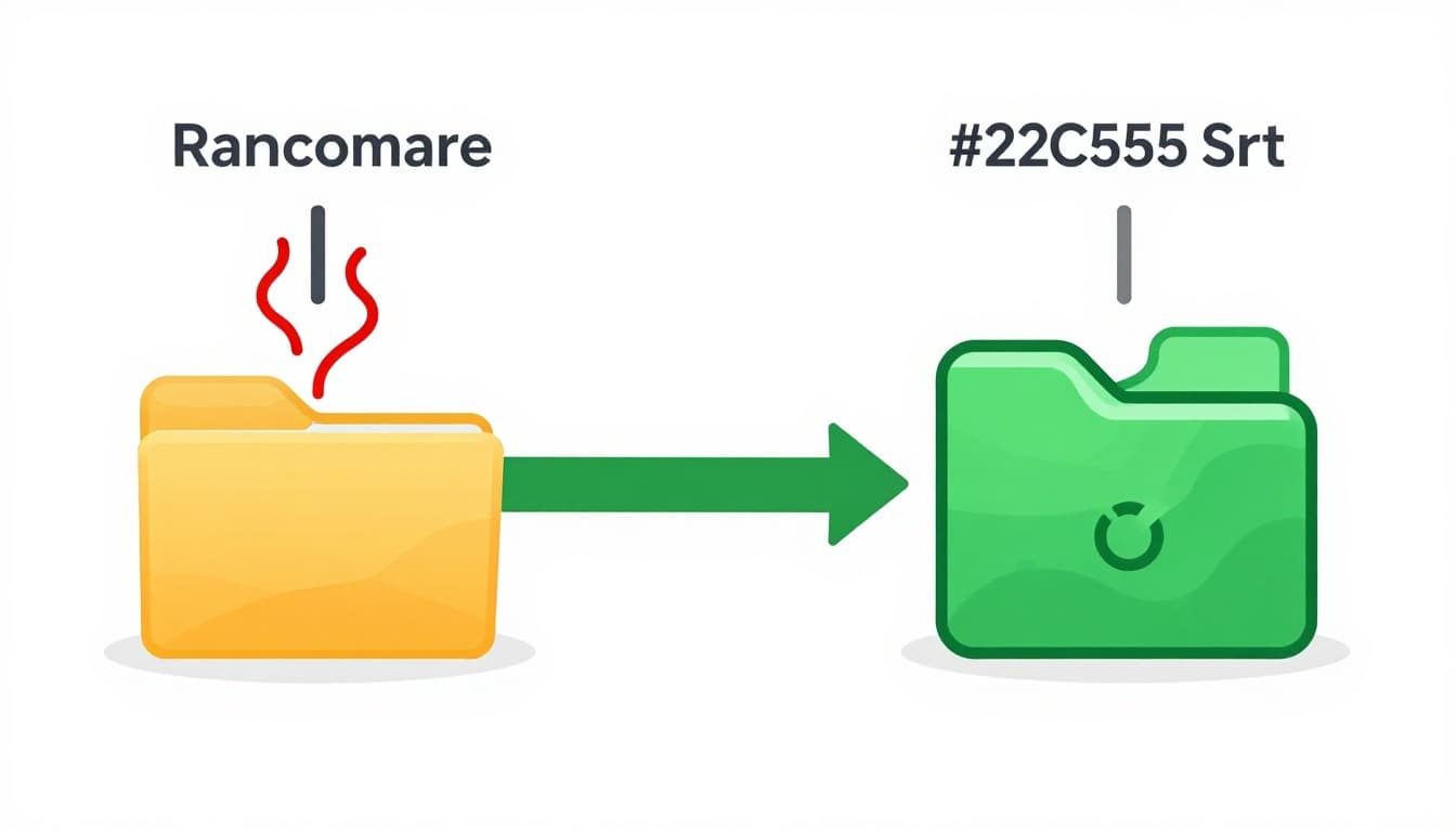 Red tendrils reach file folders but halt at green barrier with offline backup icon.