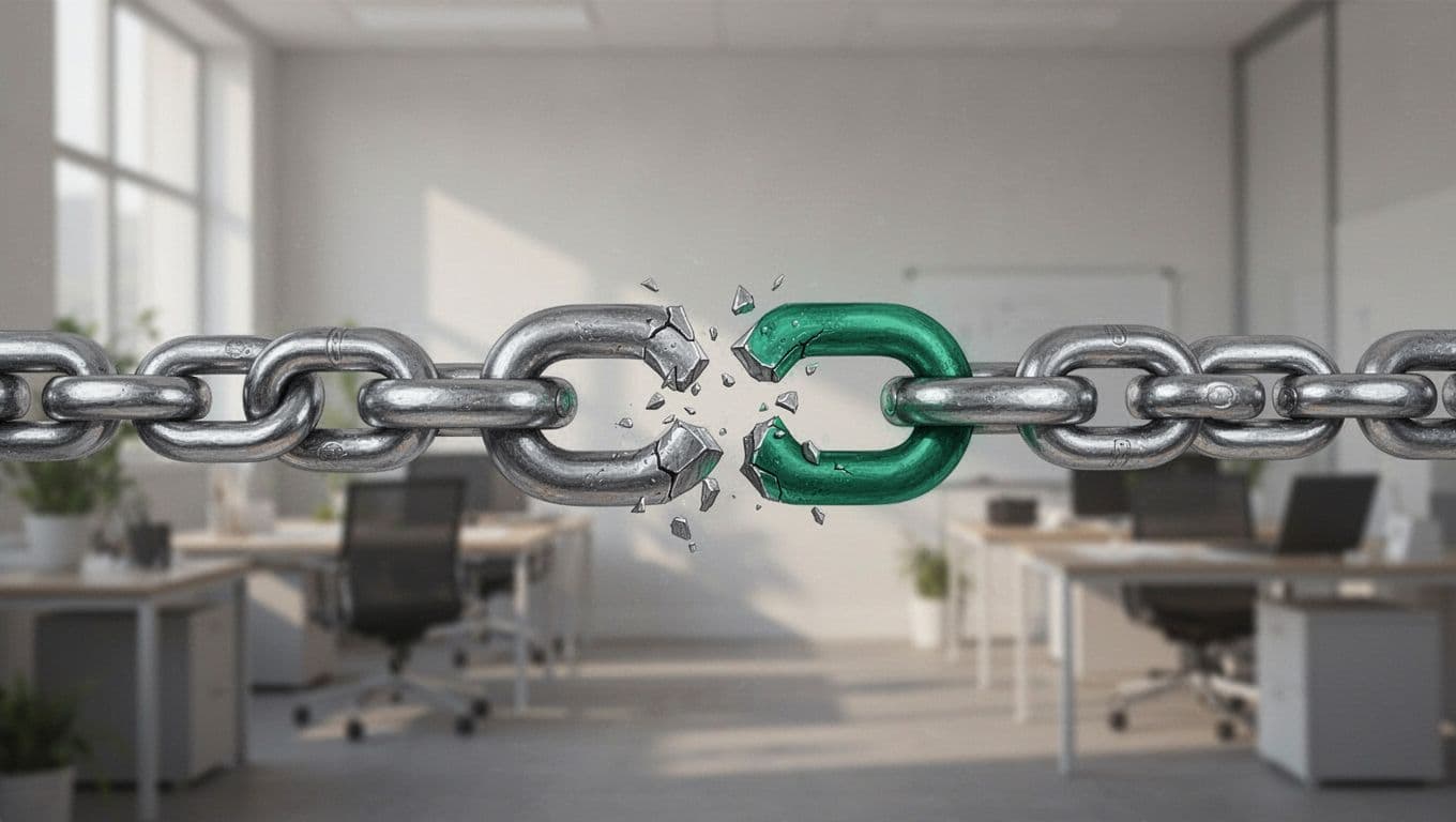 Chain with strong links, three broken links, and one green fixed link on subtle office background.