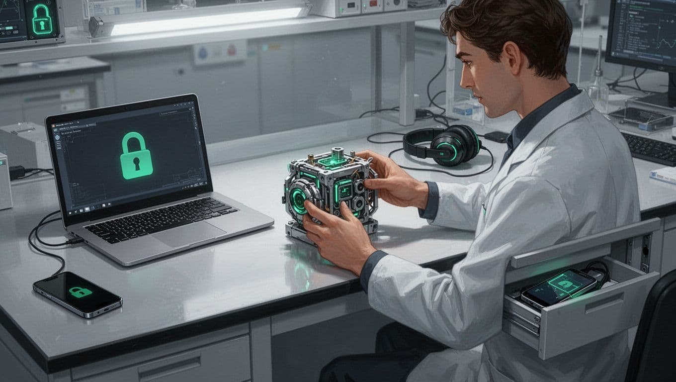 R&D engineer examines prototype on secure workbench in modern lab, locked laptop nearby, phone in drawer.