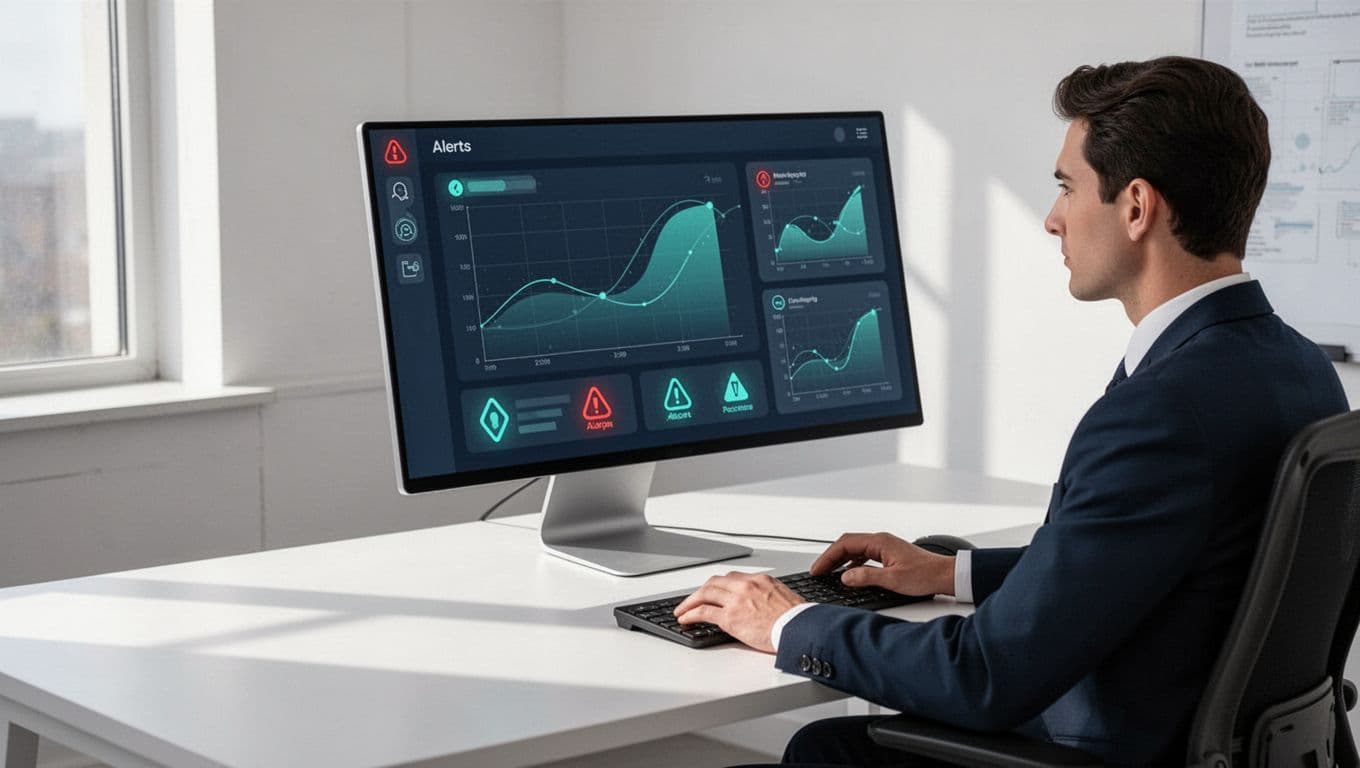 Security team member at desk views angled dashboard showing real-time session monitoring, access graphs, and anomaly flags.