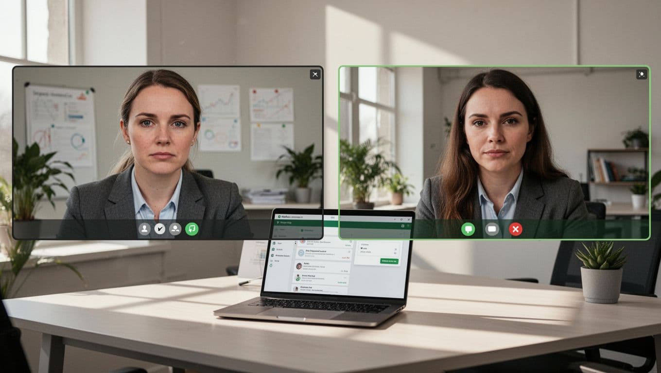 Split-screen shows recruiter at office desk laptop and candidate with mismatched background and hesitant expression.