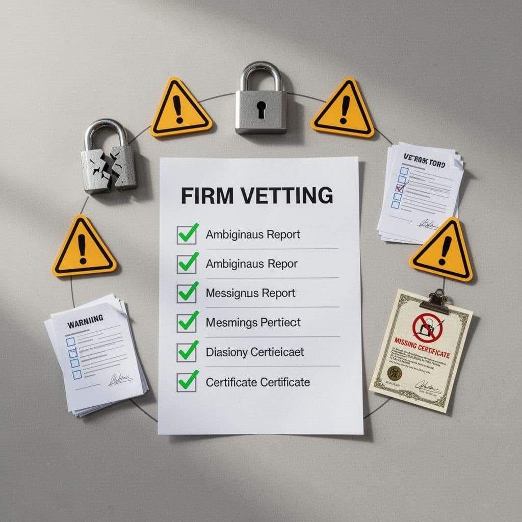 Semi-circle of red flag icons like broken lock, vague report, and no certs surrounds a checklist with green checkmarks on good items.