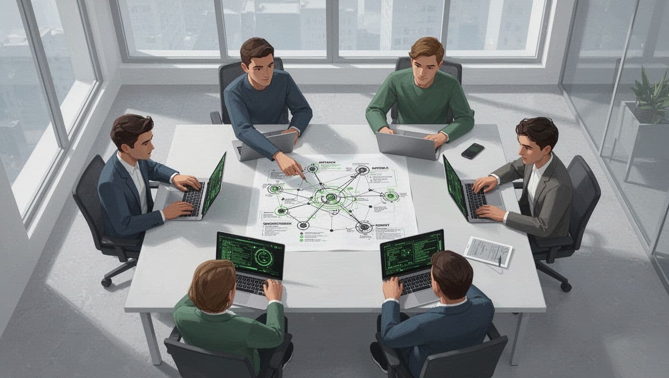 Three red team operators discuss around a large table with laptops and printed attack maps in a bright open office.