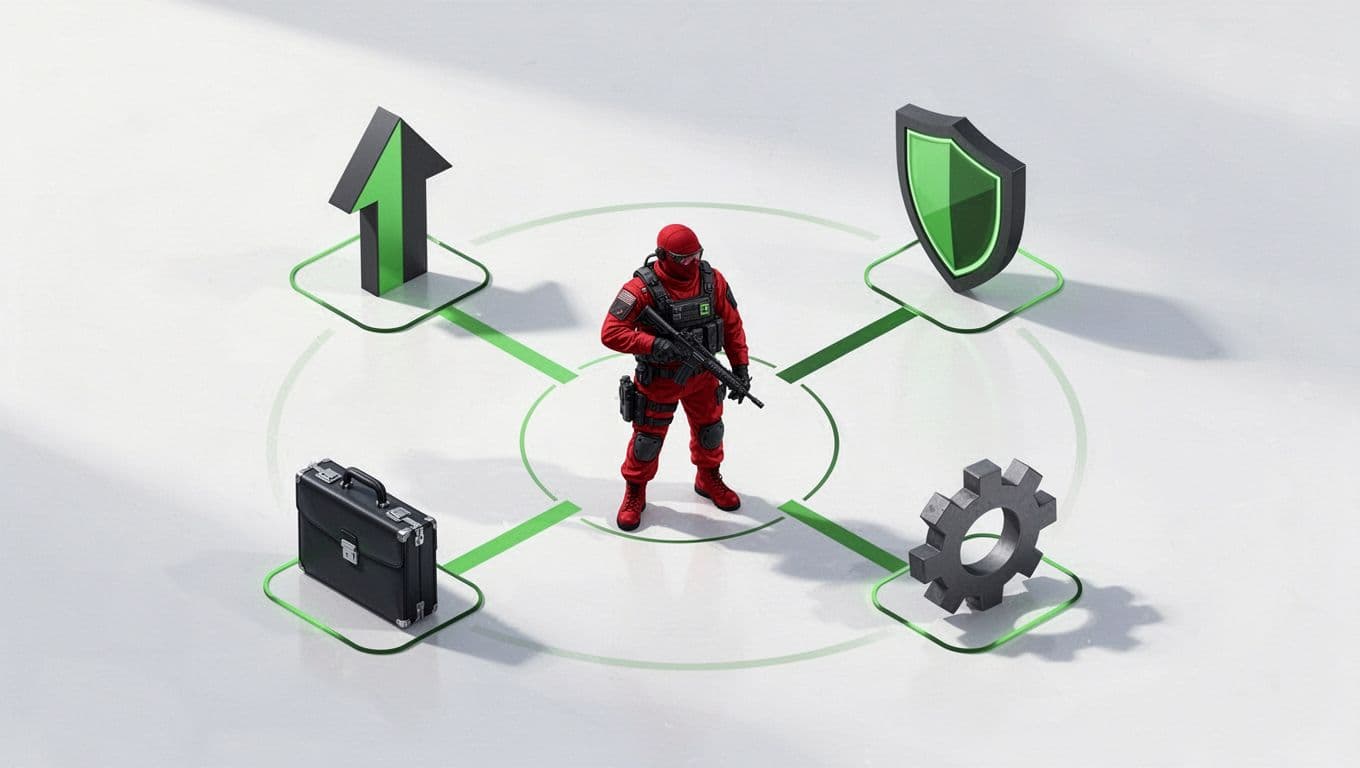 Isometric cyclical diagram with central red team operator figure connected by green accents to growth arrow, culture shield, comp briefcase, and AI gear icons on white background.