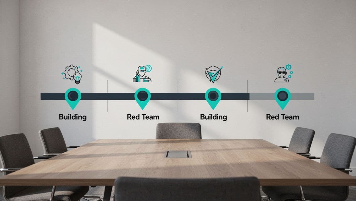 Horizontal timeline on conference table with four phases marked by green icons.