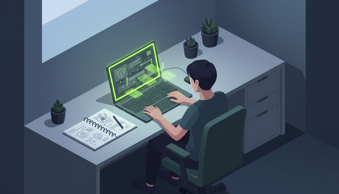 Red team specialist at desk with laptop featuring green screen highlights and nearby notebook sketches in dim isometric office.