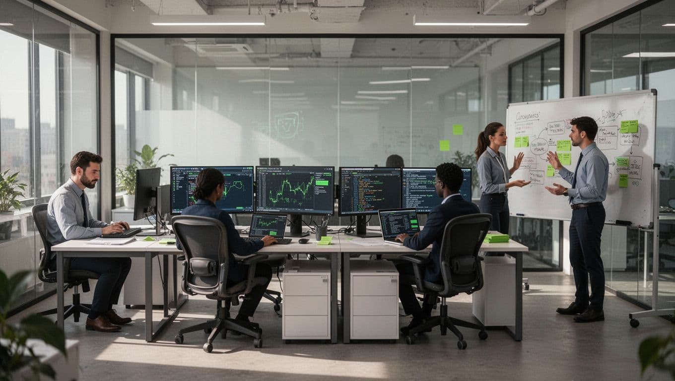Four red team roles in modern office: lead planning at desk, operator on dual monitors, analyst reviewing logs, purple collaborator in meeting.