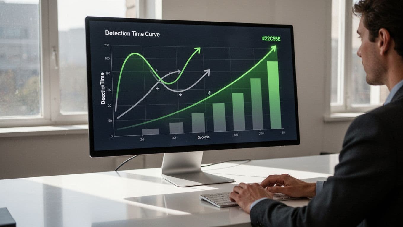 Office desk with large monitor showing abstract charts: downward green detection trend, upward fix rate, coverage bars; person partially visible.