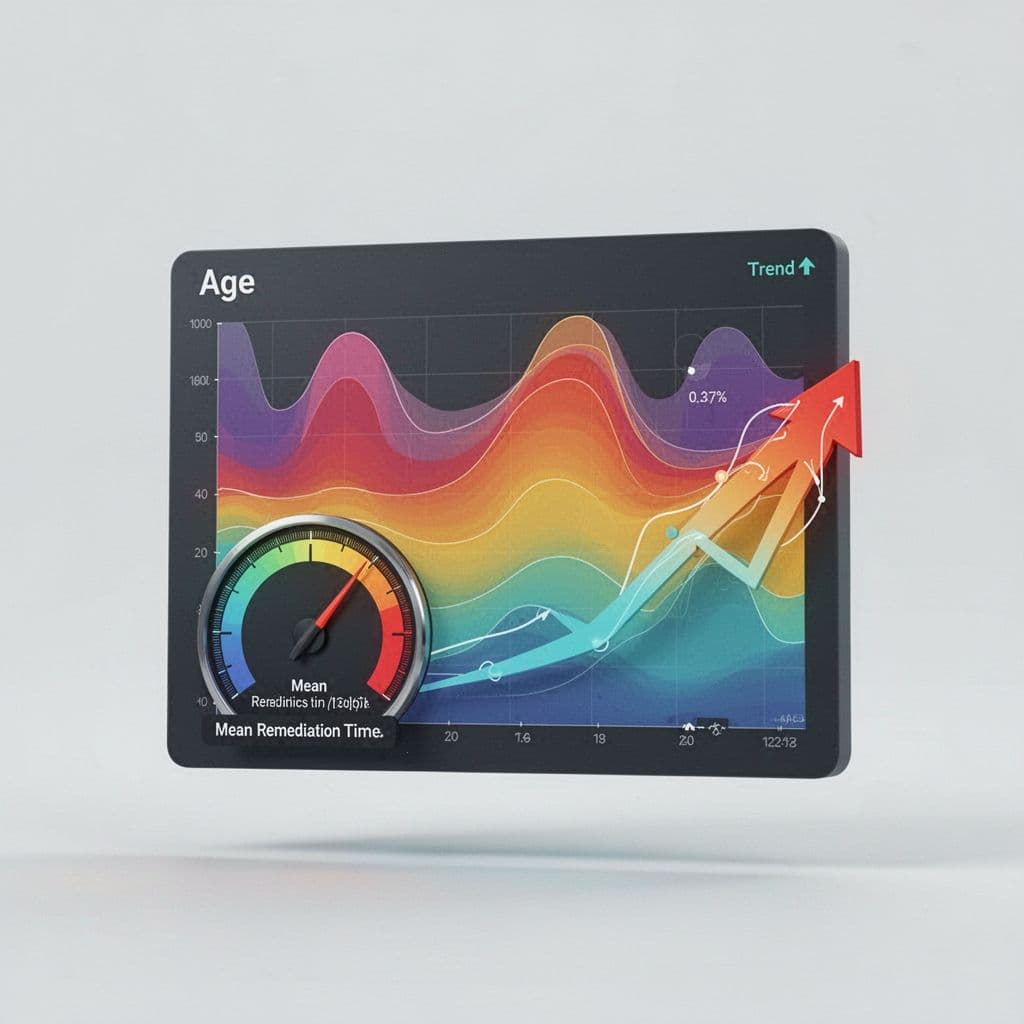 Floating UI components show overdue days heatmap with color gradients, MTTR speedometer gauge, and recurring issues trend arrow on light background.