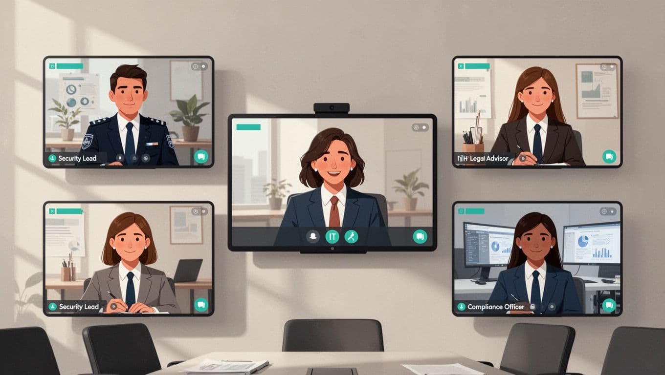 Grid of video screens displays five professionals—security lead, HR rep, legal advisor, IT specialist, compliance officer—in remote meeting.
