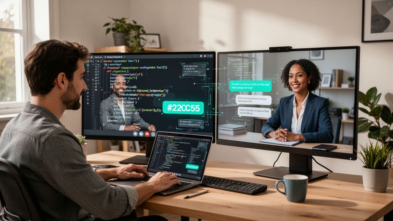Developer in home office on laptop joins video call with hiring manager on screen, shared code window and chat bubbles visible.