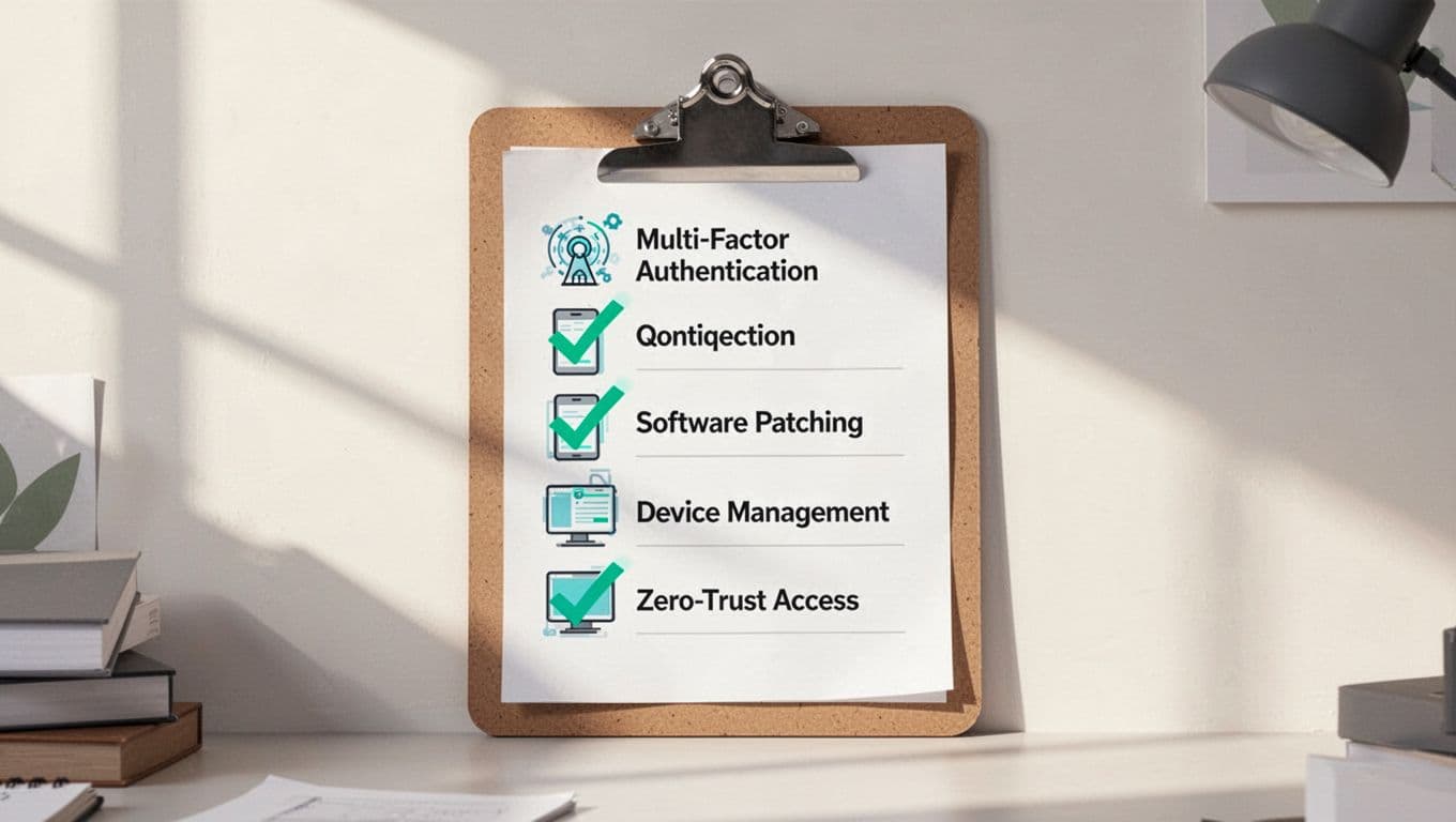 Clipboard with checkmarks beside MFA lock, patch update, MDM shield, and zero trust icons on clean desk.