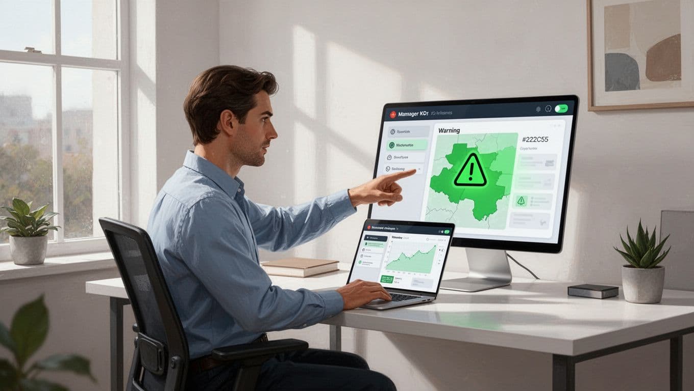 Remote manager at home desk points thoughtfully at laptop screen showing dashboard with highlighted over-permissioned SaaS access warning.