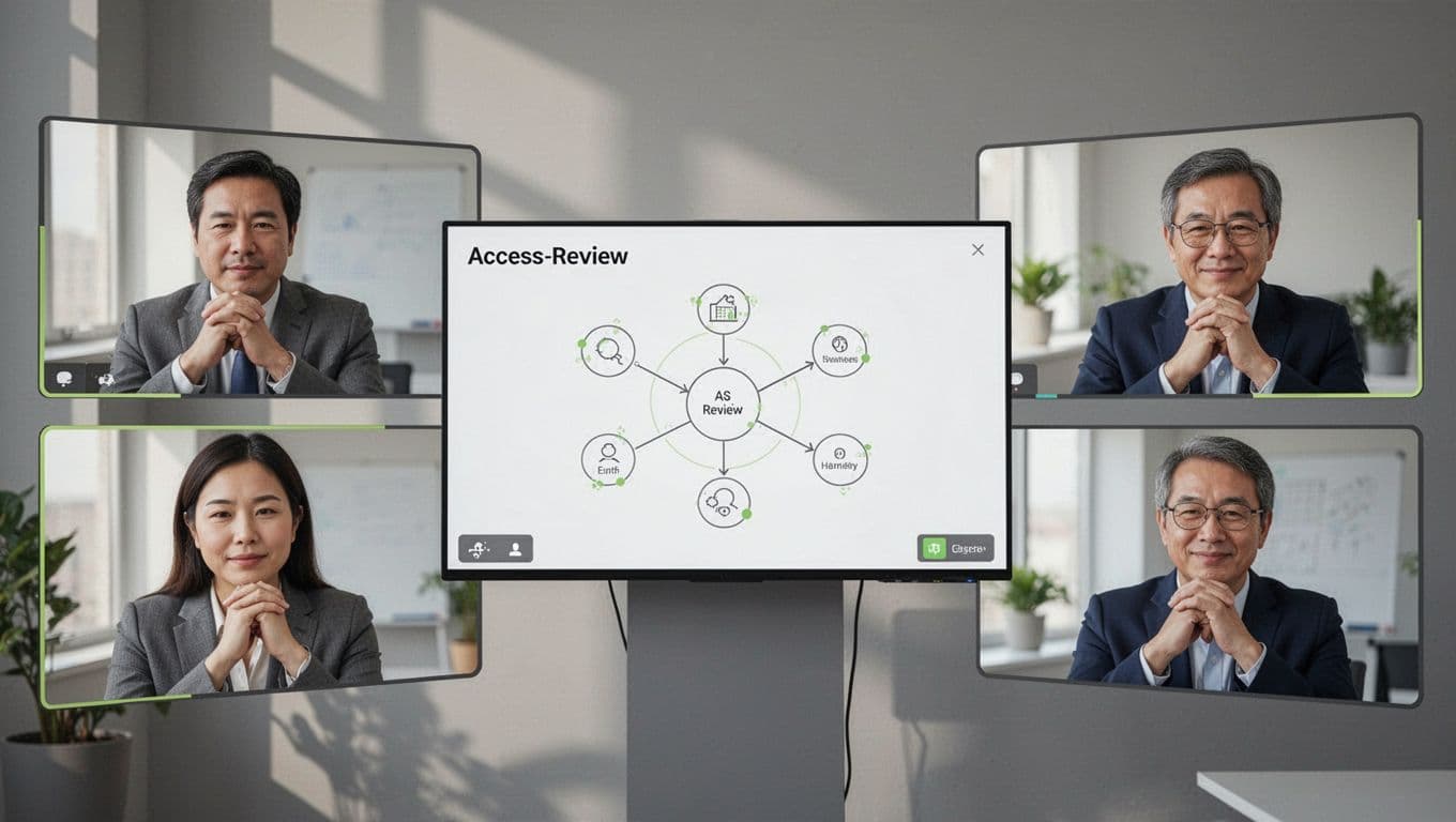 Four remote managers in video call, central one shares access review flowchart with green accents, all nodding engaged.