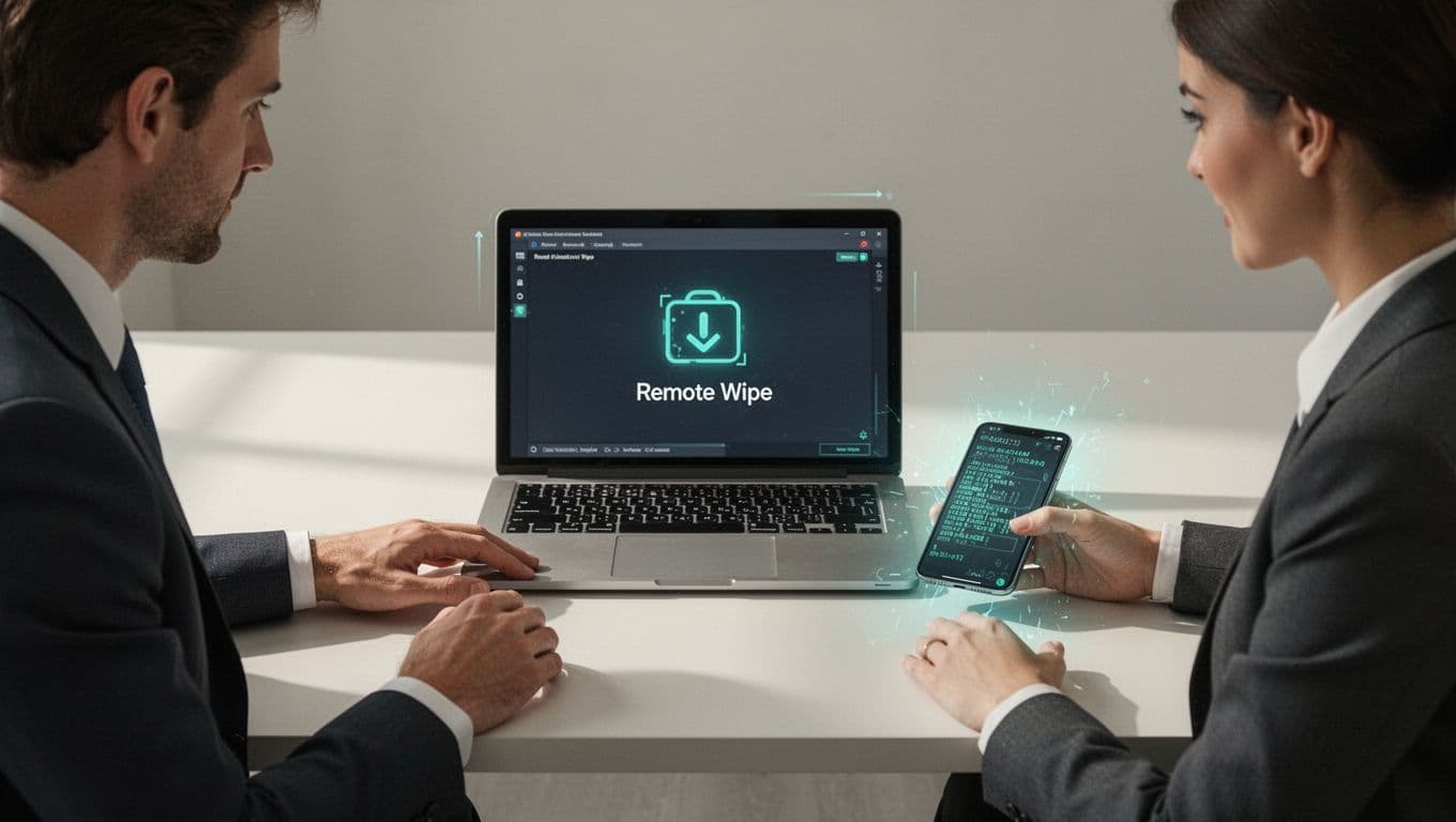 Two executives in office observe laptop screen with wipe command as phone data fades on table.