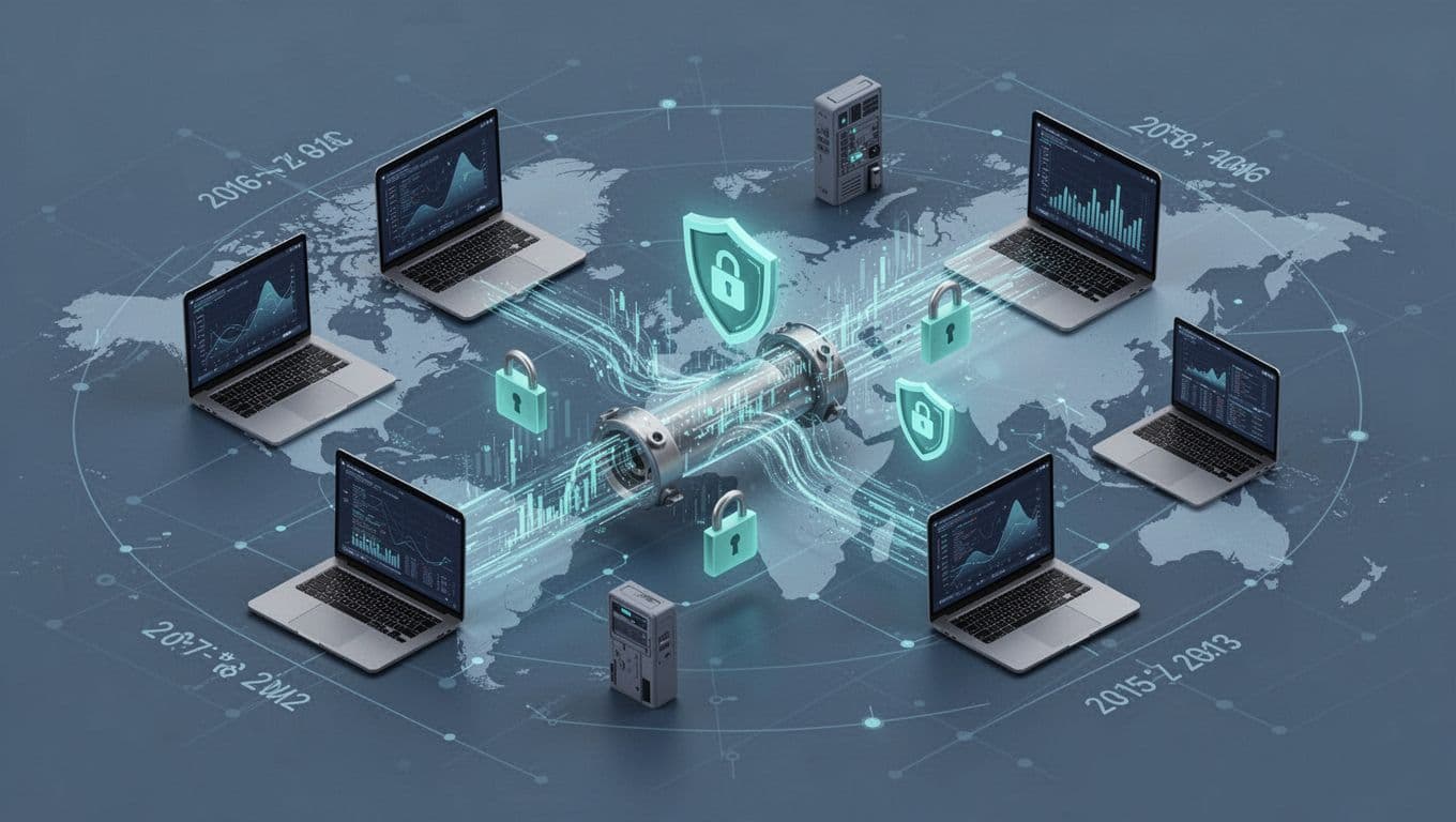 Isometric view of distributed devices connected via central secure pipeline with zero trust icons and metrics overlays.