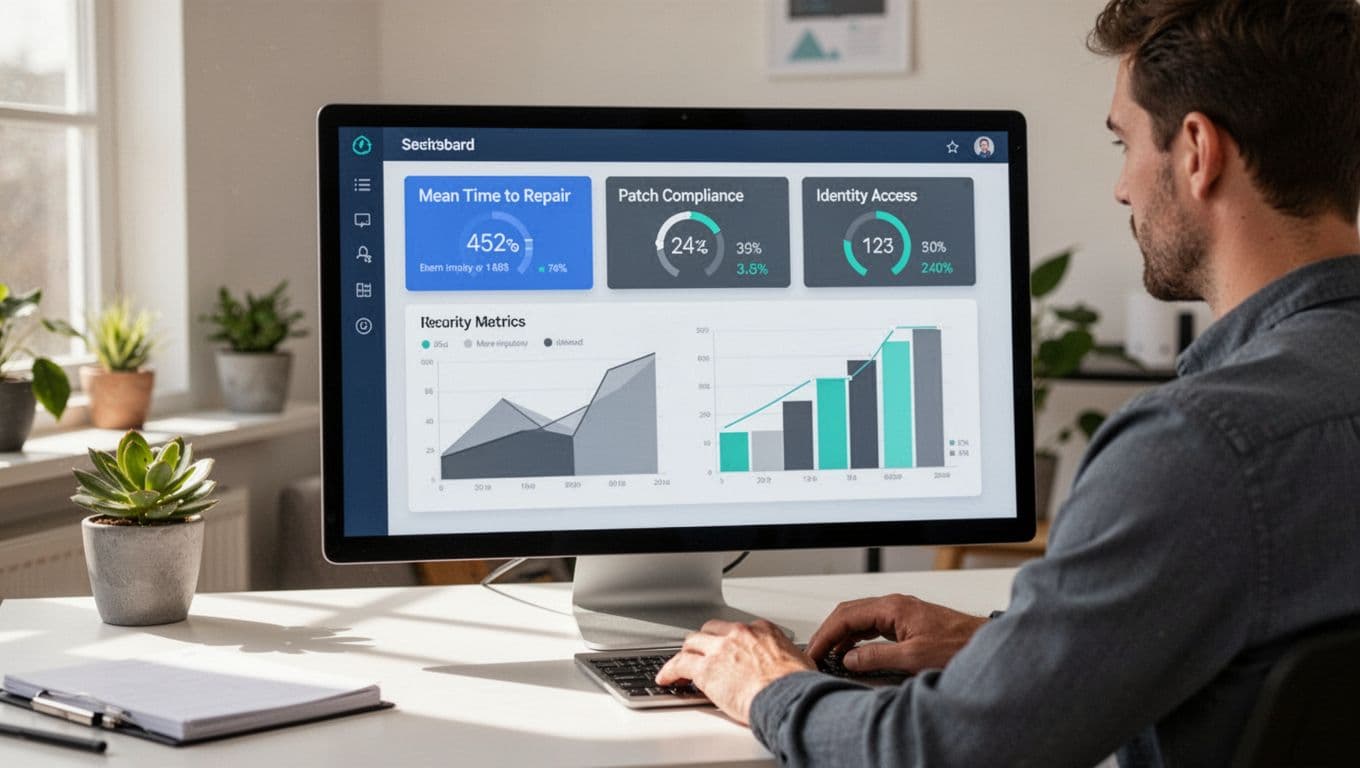 Laptop screen in home office shows security metrics dashboard with blue charts and green accents, remote engineer at desk.