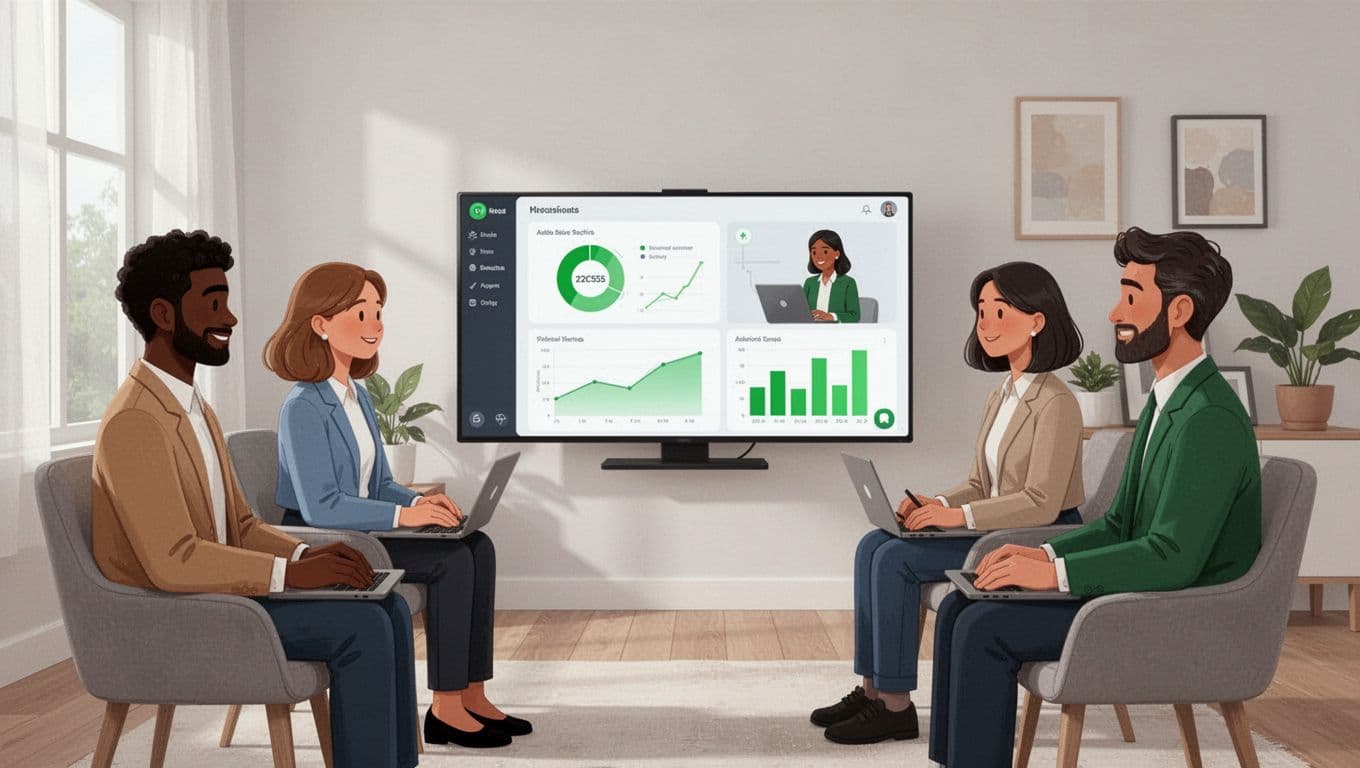 Four diverse team members on video call, one shares screen with green-accented metrics dashboard.