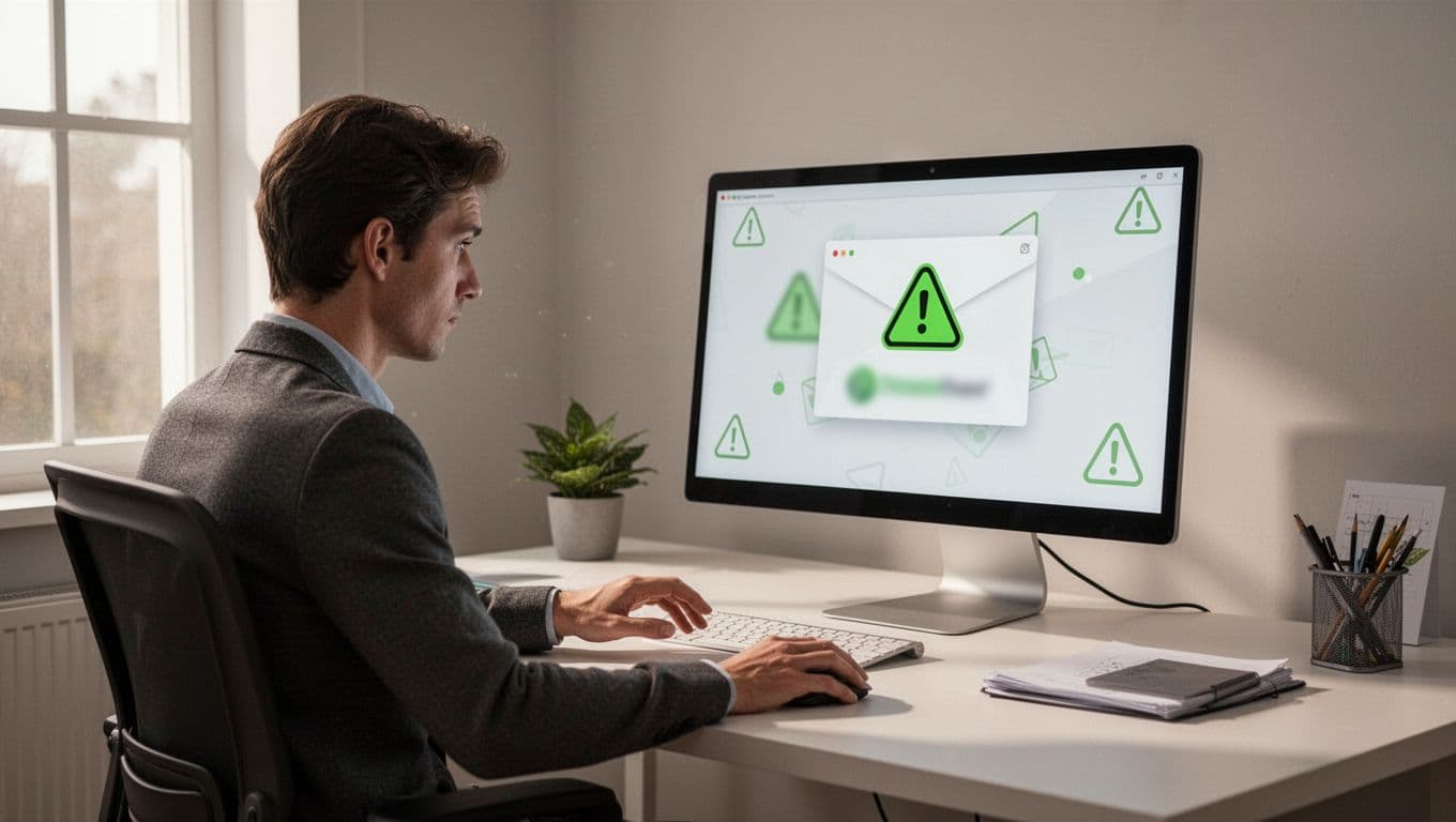 Remote worker pauses mouse over phishing email on screen with fake logo and green warning icons.