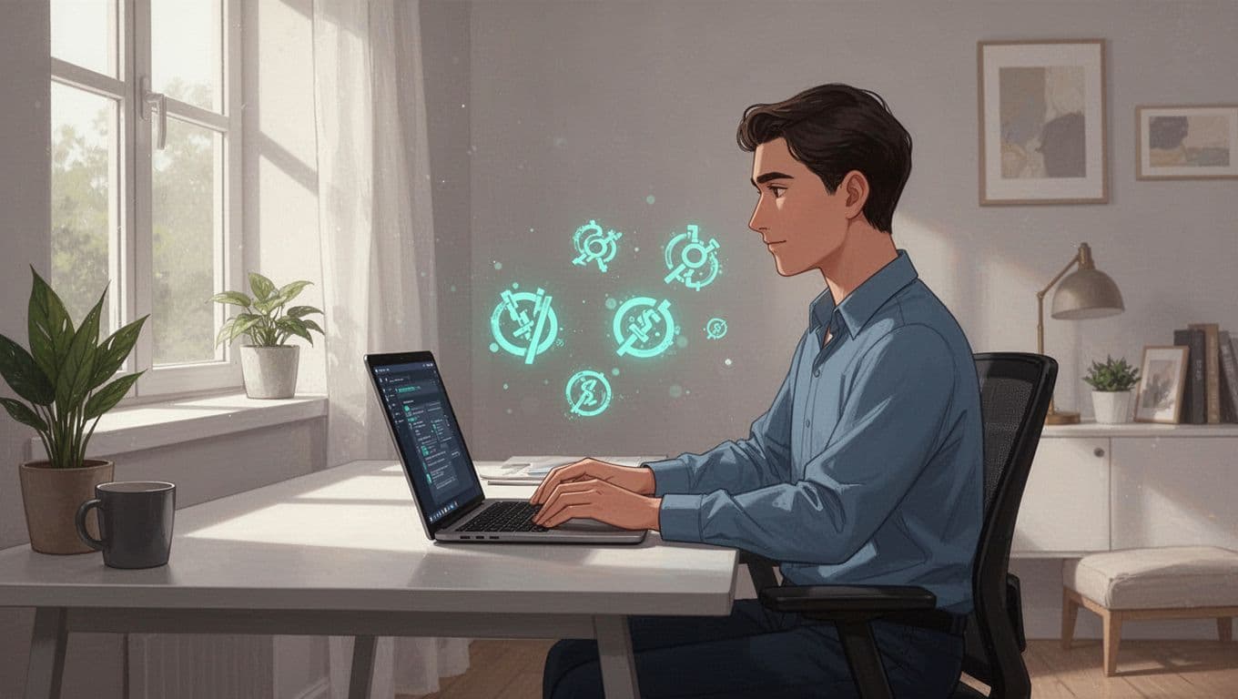Remote worker at home desk with laptop, surrounded by icons of risks like cloud upload, BYOD phone, SaaS apps, and data exfiltration.