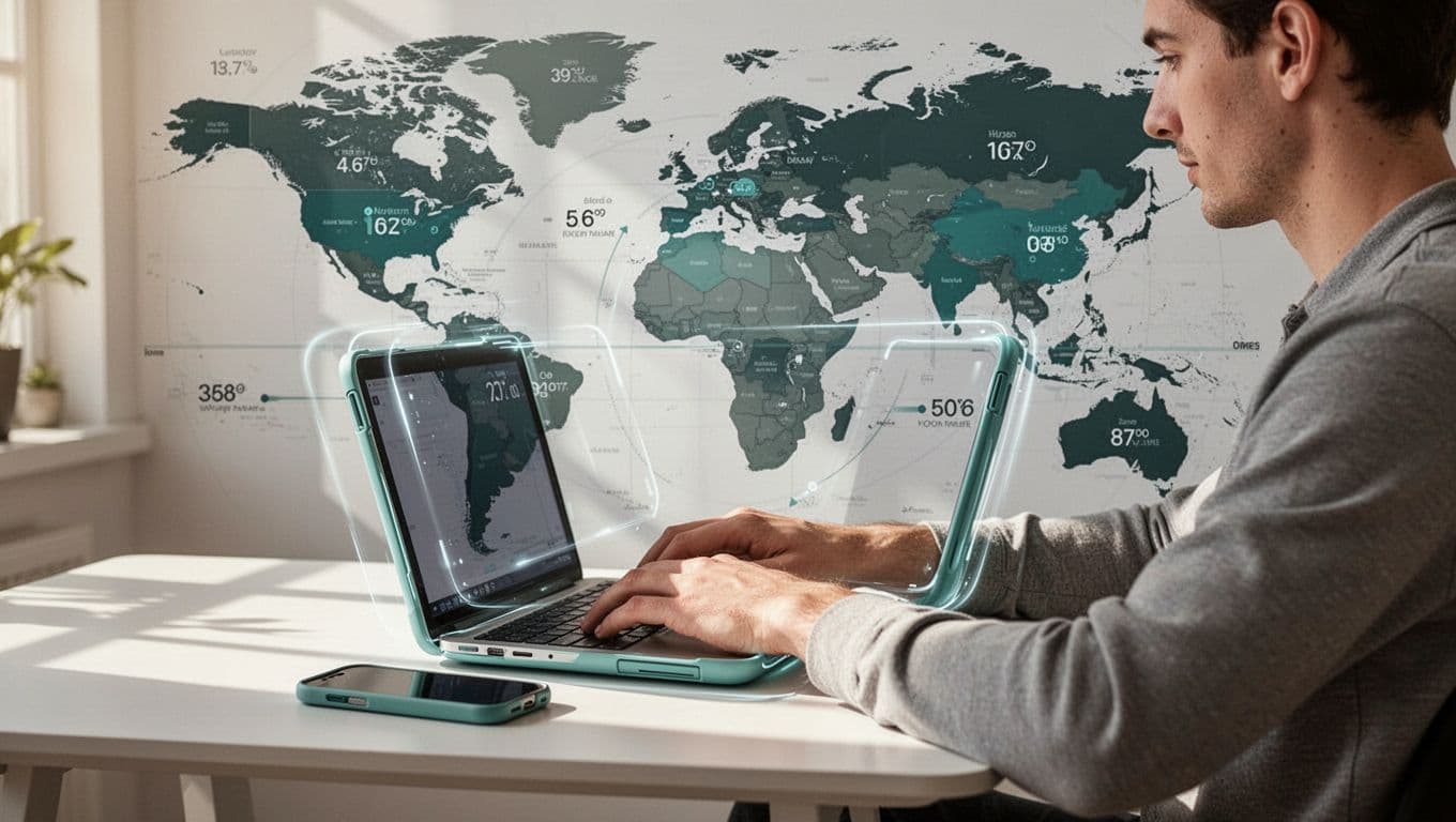 Remote worker at desk with laptop and phone surrounded by lock icons, global map with time zones in background.
