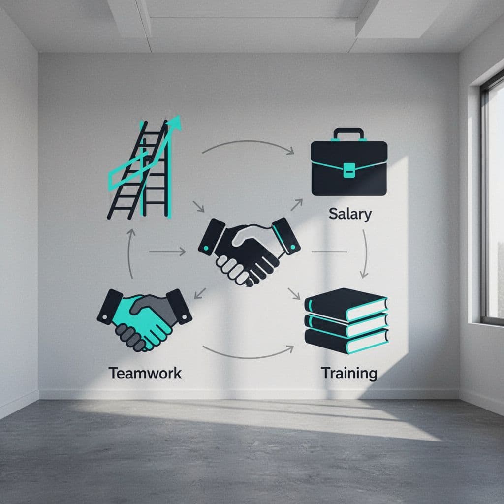 Central checklist with career ladder, salary briefcase, team handshake, and training books icons connected by green arrows on office background.