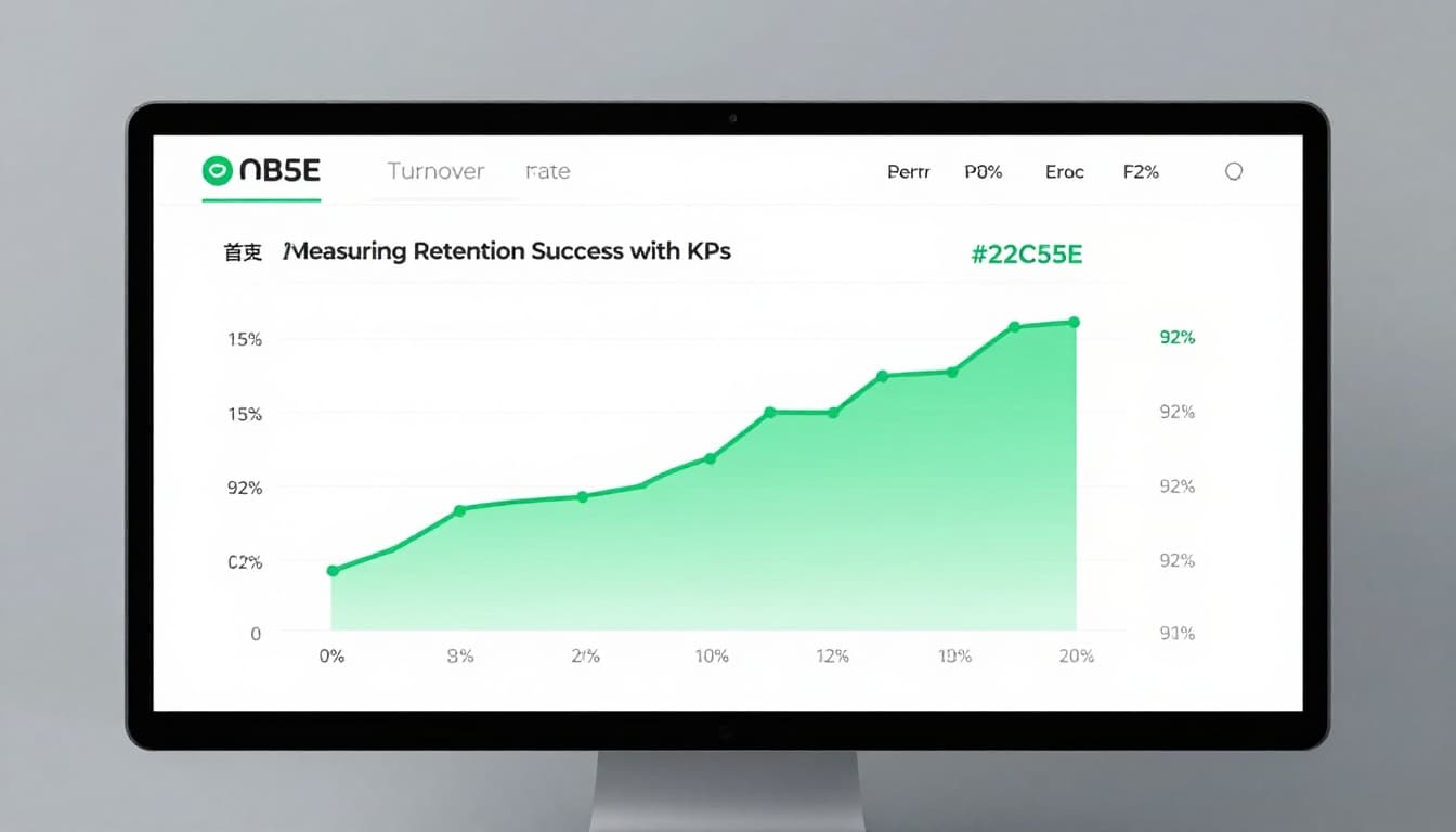 Digital dashboard on large screen in control room shows turnover rate, satisfaction score, promotion rates with green upward trends.