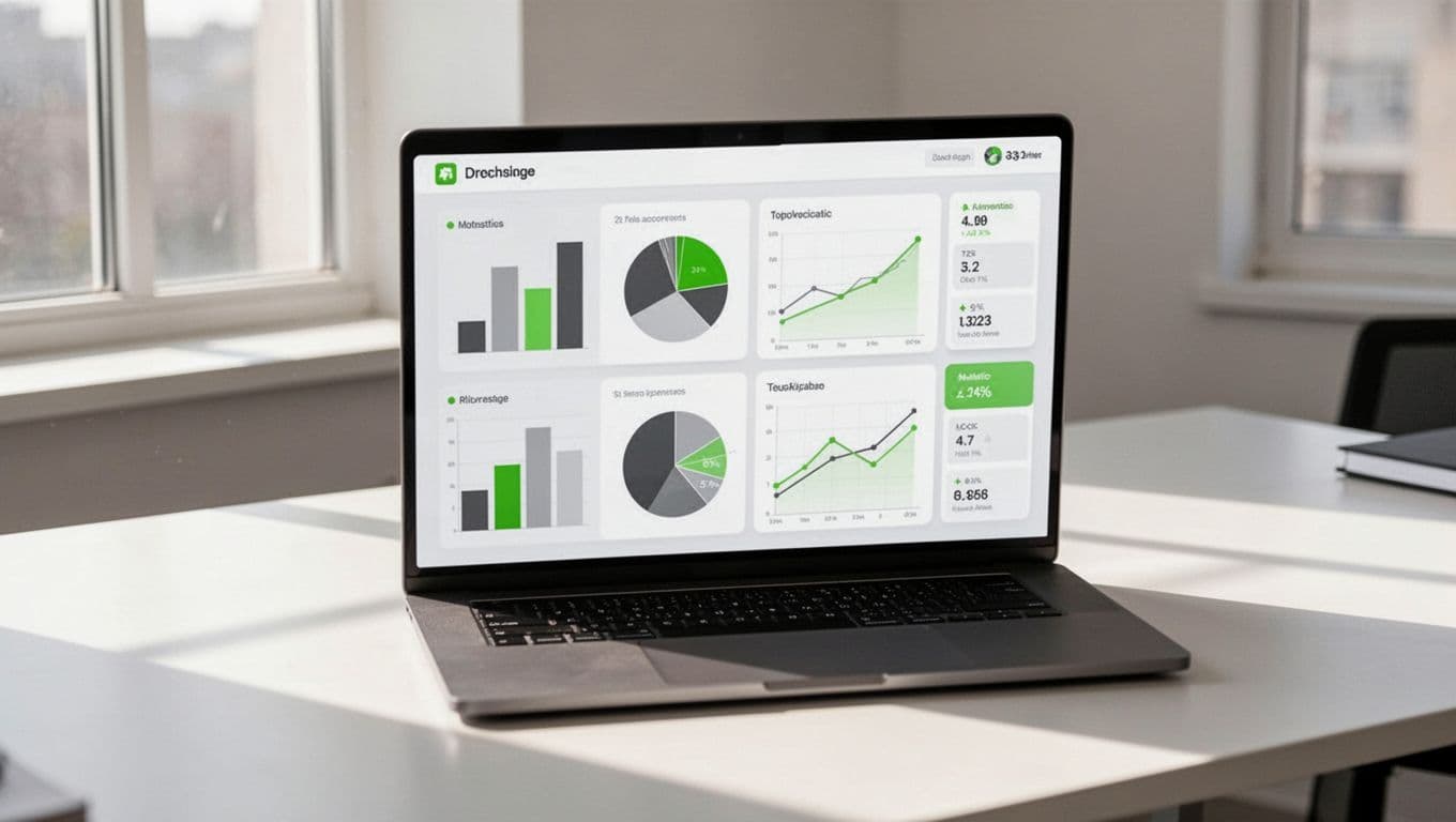 Illustrated laptop on office desk shows KPI dashboard with bar graph, pie chart, line graph, and metric cards in neutral tones with green accents.