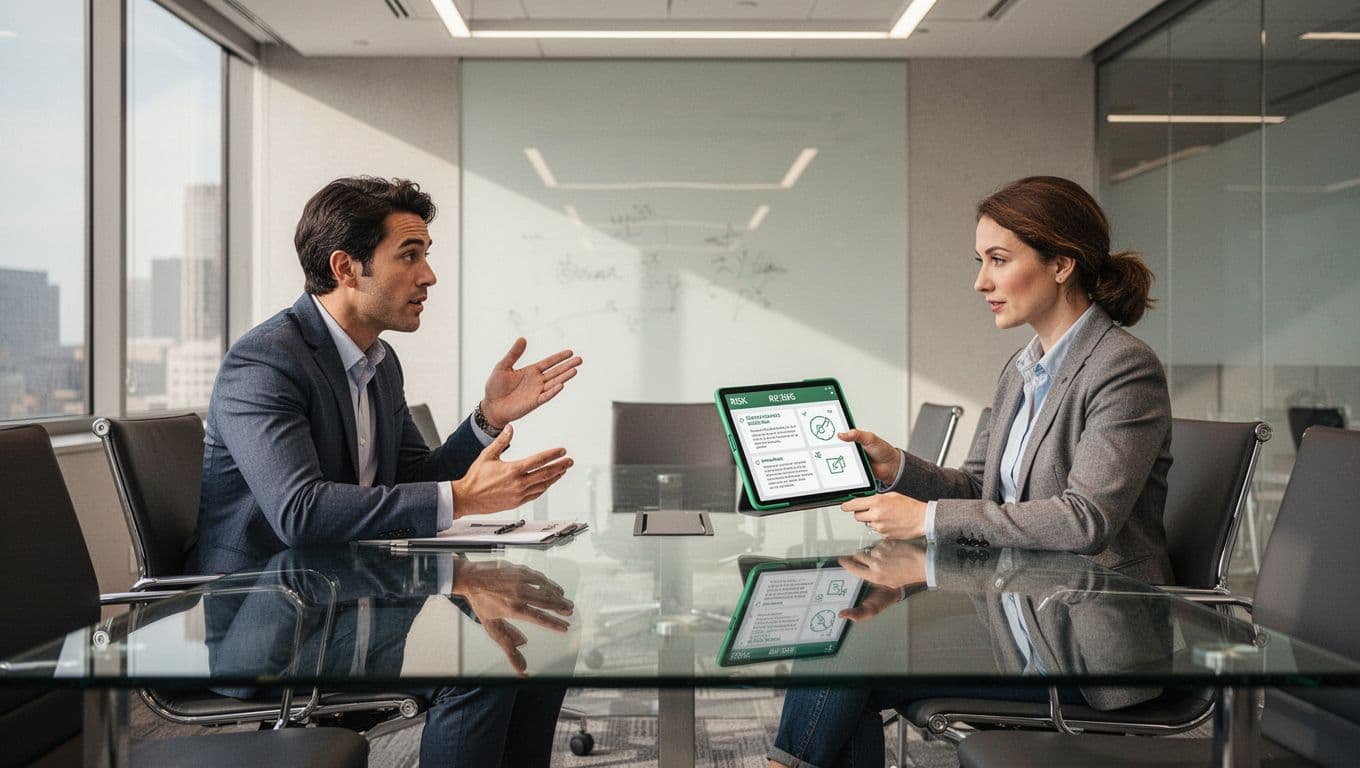 Two professionals in business casual conduct interview in modern conference room, one presents risk notes on tablet.