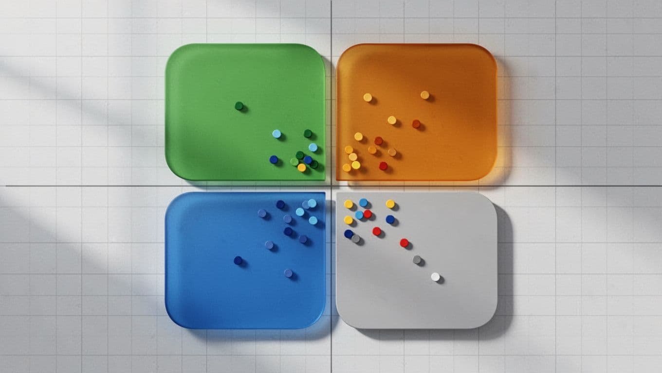 Matrix chart with impact vs likelihood quadrants and color-coded dots for security assets on simple grid.