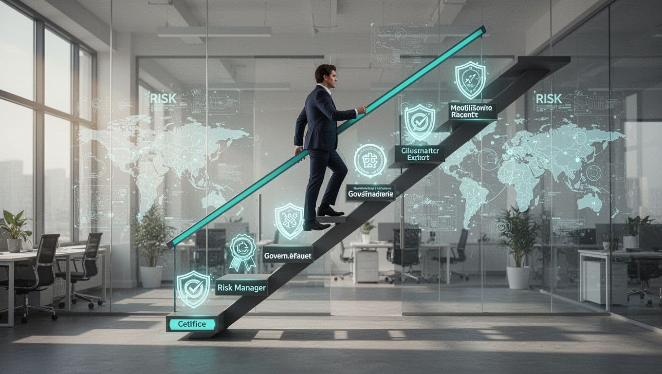 Professional climbs ladder with risk manager and governance milestones amid office team on risk maps.