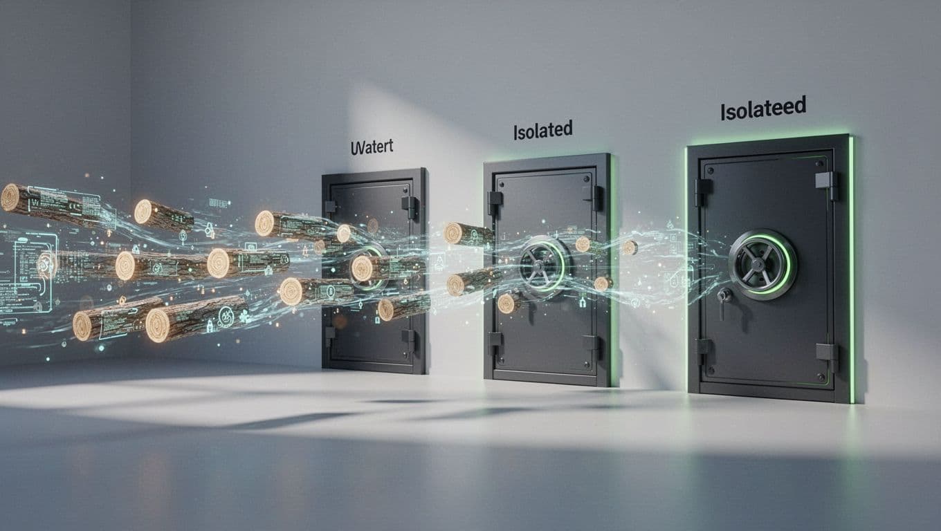 Three streams of log entries funnel left to right into separate secure vaults with green locks.