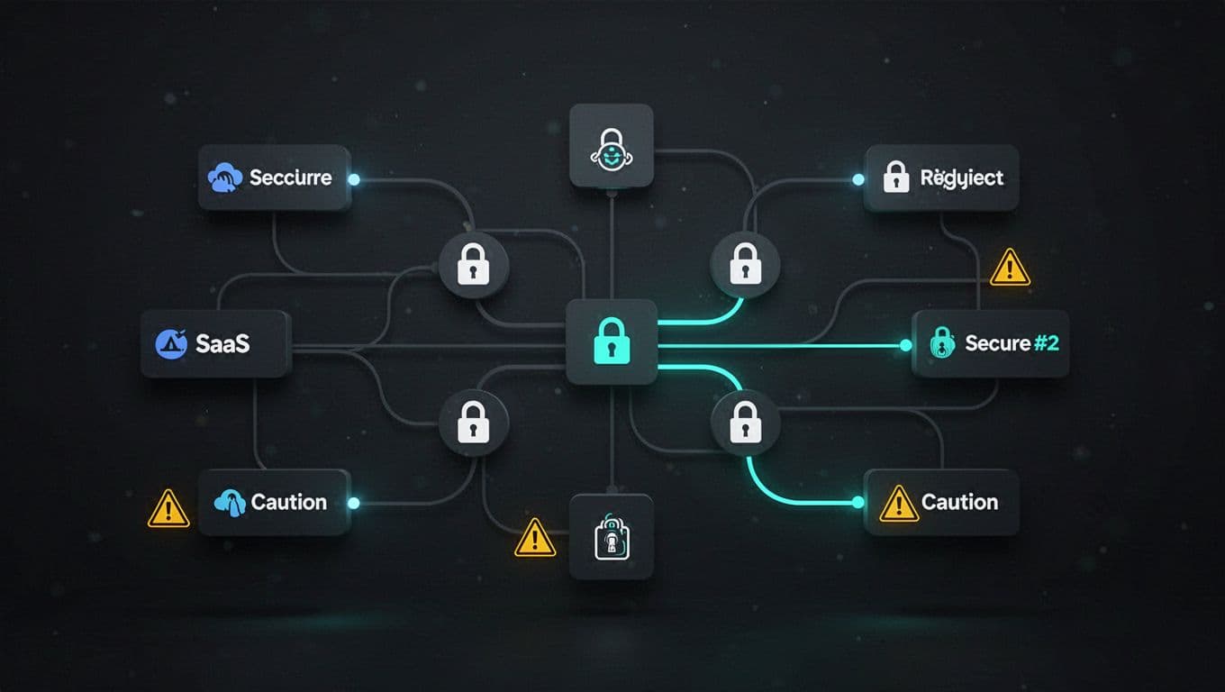 Network diagram of interconnected Slack, Salesforce, Okta icons with security locks, warning icons for OAuth and API exposure, green secure accents on dark background.