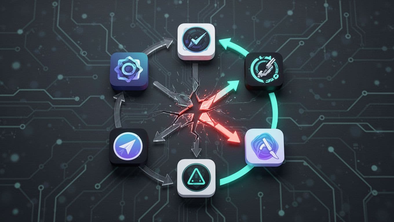 Five SaaS app icons arranged in a circle, connected by API arrows with one broken link in warning color on abstract digital network background.
