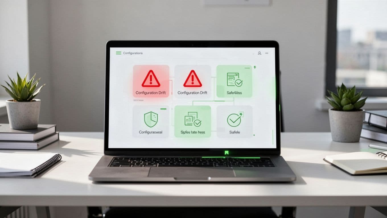 Laptop on clean desk shows security dashboard displaying SaaS permissions with red warning icons for drifted configurations.