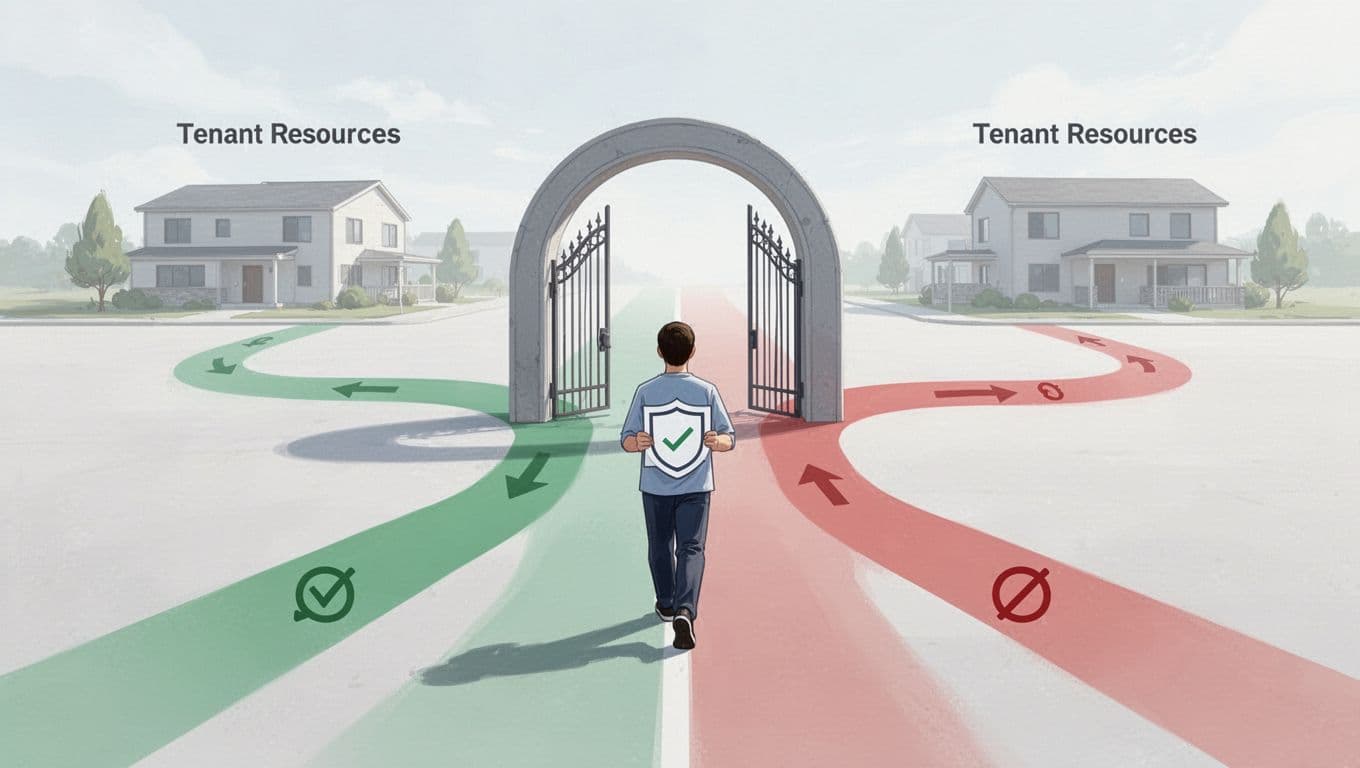 User with role badge approaches gate, paths split to tenant resources via green approvals or red denials.