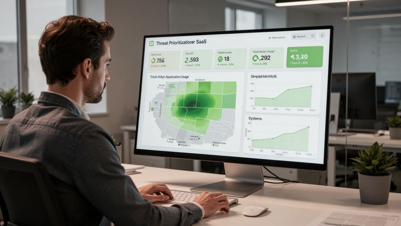 Clean illustration of security dashboard showing risk scores, app heat map, metrics chart, viewed by one analyst.