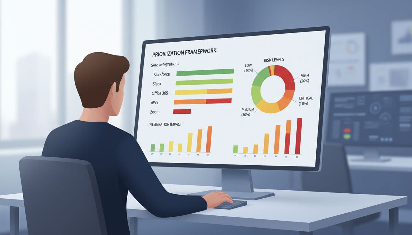 Analyst views security dashboard with prioritized SaaS integrations in green-to-red risk gradients, bar and pie charts, office monitors background.
