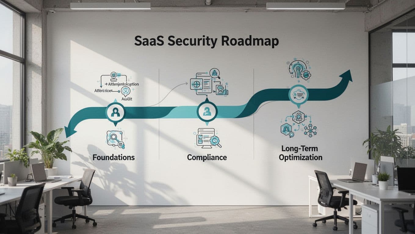Flowchart timeline on modern office wall shows SaaS security phases with green accents and icons for MFA, audits, AI tools.