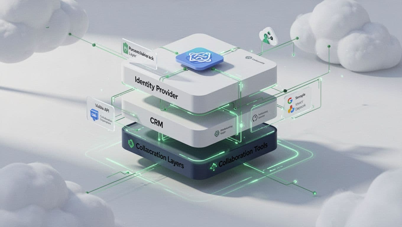 Isometric view of central SaaS stack in cloud with green-highlighted security layers and API-connected components.