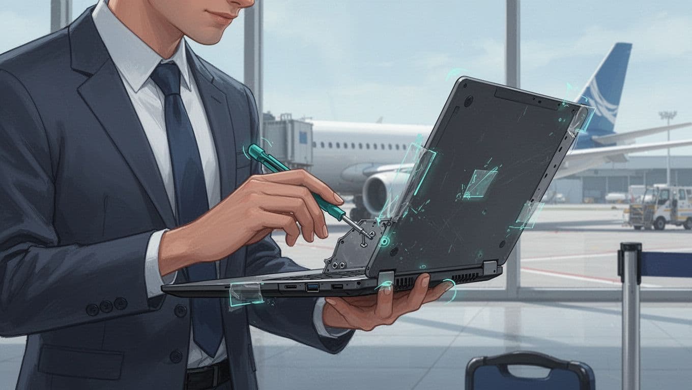 Field sales rep at airport gate inspects laptop bottom for loose screws, broken seals, and scratches.