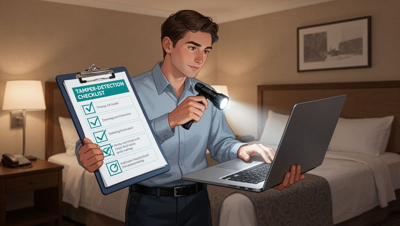 Field sales rep in hotel room uses flashlight and clipboard checklist to inspect open laptop ports and seals.