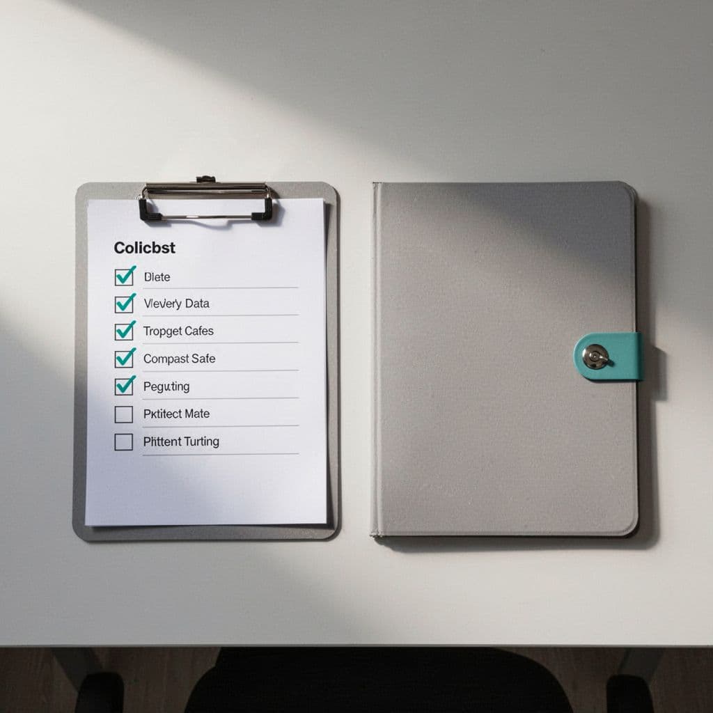 Top-down view of clipboard with checklist next to sales documents and secure folder on desk.