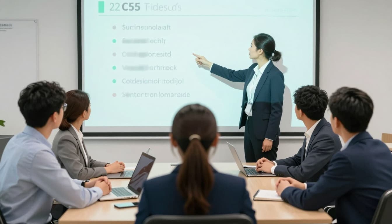 Manager points to blurred projected checklist on wall as five diverse sales professionals nod attentively with notebooks on table.